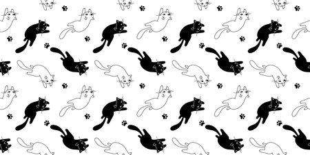 Vector illustration of happy cute black and white cat character on white color background. Flat line art style design of seamless pattern with curved back animal cat for web, site, banner, poster, child cardのイラスト素材