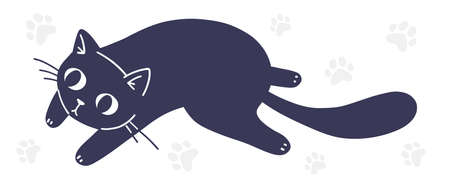 Vector illustration of happy cute black cat character on white color background. Flat line art style design of curved back animal cat for web, site, banner, poster, child cardのイラスト素材