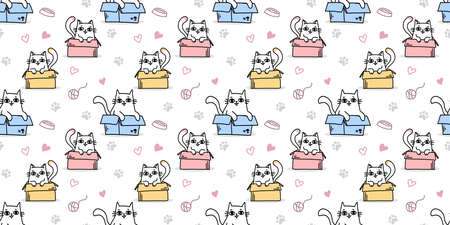 Vector illustration of happy cute cat character in box on white color background. Flat line art style design of seamless pattern with animal cat for web, site, banner, poster, child cardのイラスト素材