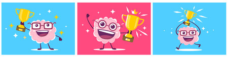 Vector set of creative illustration of happy champion pink brain in glasses with golden winner cup on color background. Flat doodle style knowledge concept design of happy human brain character for web, site, banner, posterのイラスト素材