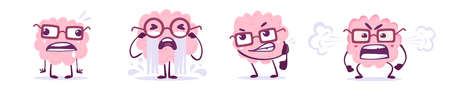 Vector set of creative illustration of emotional pink brain in glasses in different pose. Flat doodle style knowledge concept design of unhappy, crying, fool and angry brain character on white color backgroundのイラスト素材