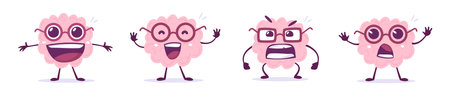 Vector set of creative illustration of happy and angry brain character in different pose. Flat doodle style knowledge concept design of emotional pink brain in glasses on white color backgroundのイラスト素材