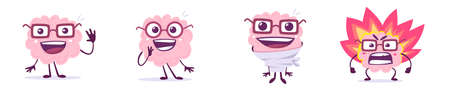 Vector set of creative illustration of emotional pink brain in glasses in different pose. Flat doodle style knowledge concept design of happy and angry brain character on white color backgroundのイラスト素材