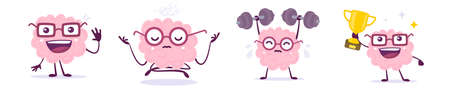 Vector set of creative illustration of happy pink brain in glasses in different pose on white color background. Flat doodle style knowledge concept design of happy brain character lifting weight, with winner cup and meditationのイラスト素材