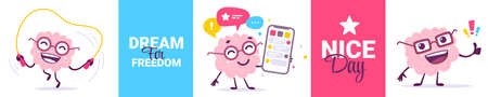 Vector set of creative illustration of happy brain character in different pose. Flat doodle style knowledge concept design of emotional pink brain in glasses jumping rope, with smart phone and gesture on white color background with wordのイラスト素材