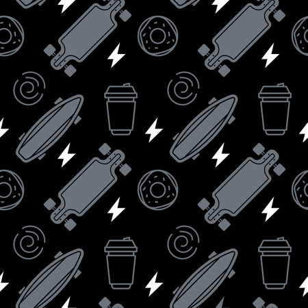 Vector Dark Illustration of Board, Coffee and Sweet Donut. Skateboarding Seamless Pattern with Cartoon Skateboard and White Lightning. Line Art Style Skate on Black Color Background for T-shirt and Paper Printのイラスト素材