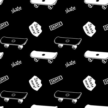 Vector Dark Illustration of White and Black Board. Skateboarding Seamless Pattern with Cartoon Skateboard and Word. Line Art Style Skate on Black Color Background with White Elementのイラスト素材
