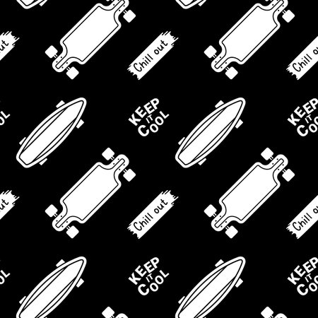 Vector Dark Illustration of White Board and Quote. Skateboarding Seamless Pattern with Cartoon Skateboard. Line Art Style Skate on Black Color Background for T-shirt and Paper Printのイラスト素材