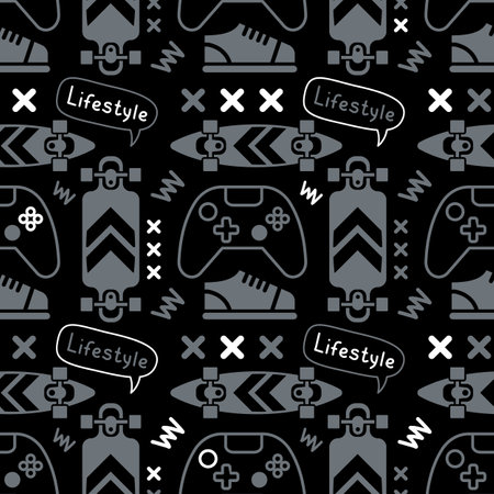 Vector Dark Illustration of Textured Board, Gamepad and Word. Skateboarding Seamless Pattern with Cartoon Skateboard and Sneakers. Line Art Style Skate on Black Color Background with White Elementのイラスト素材