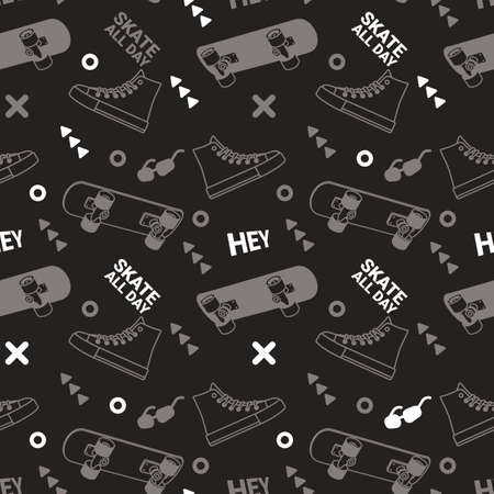 Vector Dark Illustration of Board, Sneakers and White Word. Skateboarding Seamless Pattern with Cartoon Skateboard. Line Art Style Skate on Black Color Background for T-shirt and Paper Printのイラスト素材