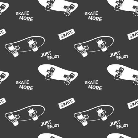 Vector Dark Illustration of Wide Long Board and Phrase. Skateboarding Seamless Pattern with Cartoon Skateboard. Line Art Style Skate on Black Color Background for T-shirt and Paper Printのイラスト素材