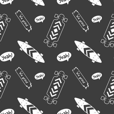 Vector Dark Illustration of Textured Wide Long Board and Phrase. Skateboarding Seamless Pattern with Cartoon Skateboard. Line Art Style Skate on Black Color Background for T-shirt and Paper Printのイラスト素材