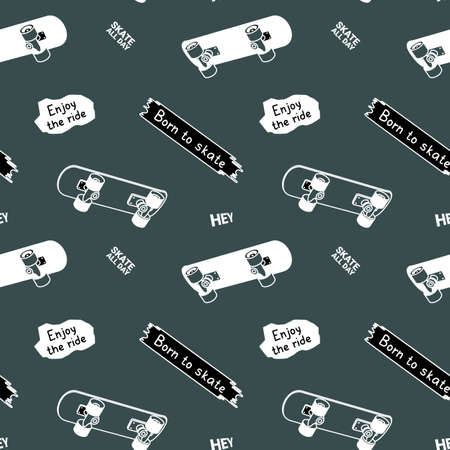 Vector Illustration of Light and Dark Board. Skateboarding Seamless Pattern with Cartoon Skateboard and Quote. Line Art Style Skate on Green Color Background for T-shirt and Paper Printのイラスト素材