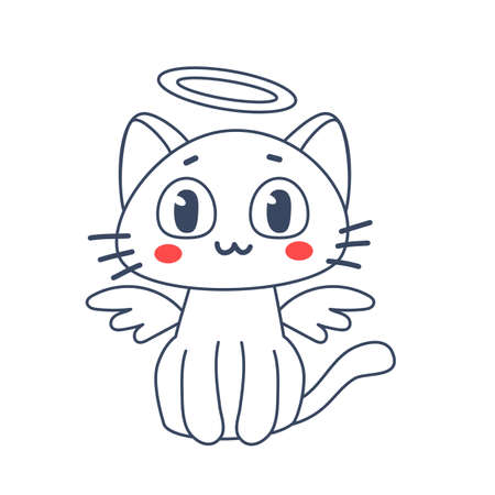 Vector illustration of happy cute cat character with halo over head and angel wings on white color background. Flat line art style design of animal cat for web, site, banner, poster, child cardのイラスト素材