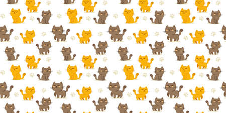 Vector illustration of happy cute cat character and paw print on white color background. Flat line art style design of seamless pattern with red and gray animal cat for web, site, banner, poster, child cardのイラスト素材