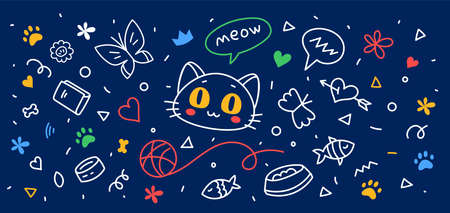 Vector illustration of happy cute cat character with ball of yarn, fish and butterfly on dark color background. Flat line art style design of animal cat for web, site, banner, poster, child cardのイラスト素材