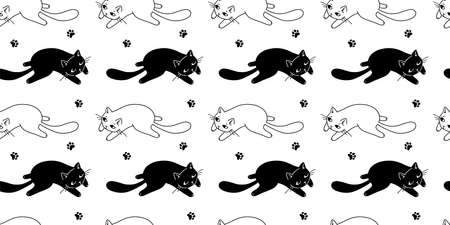 Vector illustration of happy cute cat character with curved back on white color background. Flat line art style design of seamless pattern with black and white animal cat for web, site, banner, poster, child cardのイラスト素材