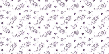 Vector illustration of happy cute cat character and ball of yarn on white color background. Flat line art style design of seamless pattern with lying animal cat for web, site, banner, poster, child cardのイラスト素材