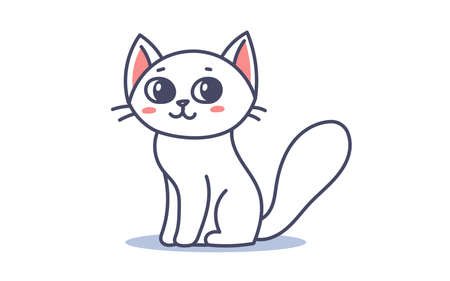 Vector illustration of happy cute cat character on white color background. Flat line art style design of sitting animal cat for web, site, banner, poster, child cardのイラスト素材