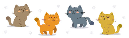 Vector set of illustration of happy cute cat character on white color background in different pose. Flat line art style design of animal cat for web, site, banner, poster, child cardのイラスト素材