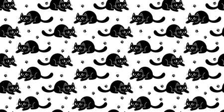 Vector illustration of happy cute black cat character on white color background. Flat line art style design of seamless pattern with animal cat for web, site, banner, poster, child cardのイラスト素材