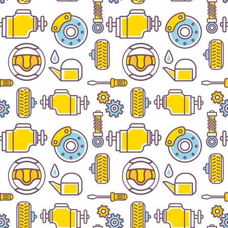 Vector illustration of different car part on white background. Line art style design of car seamless pattern for web, site, banner, printのイラスト素材