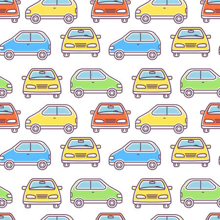 Vector kid illustration of colorful car on white background. Line art style design of car seamless pattern for web, site, banner, printのイラスト素材