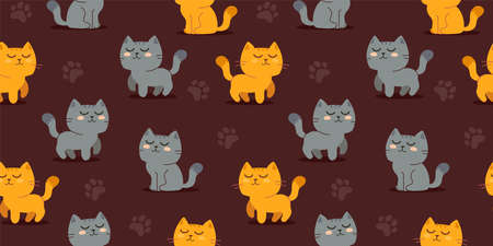 Vector illustration of happy cute cat character on dark color background. Flat line art style design of seamless pattern with red and gray animal cat for web, site, banner, poster, child cardのイラスト素材