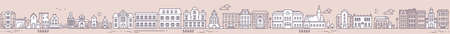 Vector illustration of cityscape on color sky background with cloud. Line art style design of panorama of european city street for web, site, banner, poster, flyerのイラスト素材
