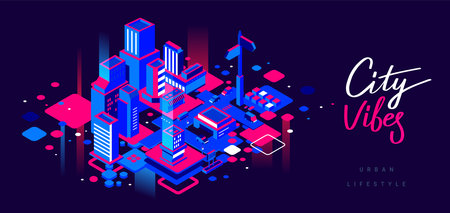Vector abstract illustration of neon color night city street with light on dark sky background. Isometric style design with text city vibes for web, site, banner, poster, flyerのイラスト素材