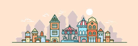 Vector illustration of city street with children carousel with horse on color sky background with sun and cloud. Line art style design of panorama of european city for web, site, banner, poster, flyerのイラスト素材