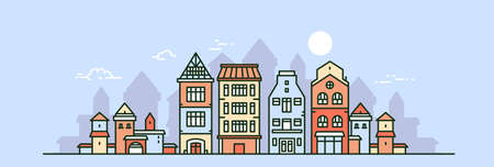 Vector illustration of city street on blue color sky background with sun and cloud. Line art style design of panorama of european city for web, site, banner, poster, flyerのイラスト素材