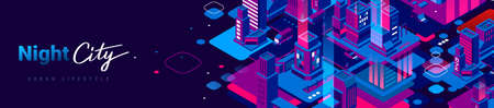 Vector abstract illustration of neon color night city street with light and word night city. Isometric style background design for web, site, banner, print, flyerのイラスト素材