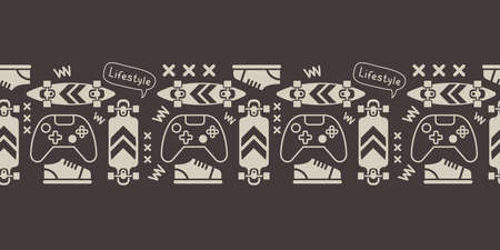 Vector Dark Horizontal Illustration of Textured Board, Gamepad and Word. Skateboarding Seamless Pattern with Cartoon Skateboard and Sneakers. Line Art Style Skate on Dark Color Background with Light Elementのイラスト素材
