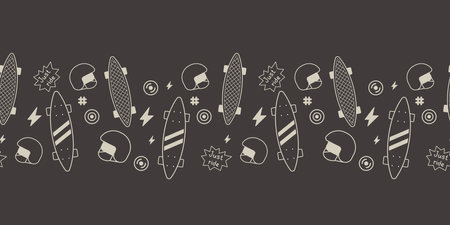Vector Dark Horizontal Illustration of Textured Penny Board and Helmet. Skateboarding Seamless Pattern with Cartoon Skateboard. Line Art Style Skate on Color Background for T-shirt and Paper Printのイラスト素材