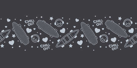 Vector Dark Horizontal Illustration of Textured Penny Board and Smile in Headphones. Skateboarding Seamless Pattern with Cartoon Skateboard. Line Art Style Skate on Color Background for T-shirt and Paper Printのイラスト素材