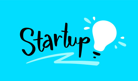 Vector illustration with word startup and light bulb. Business abstract decorative background with...