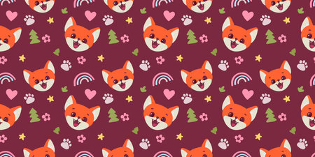 Vector horizontal illustration of muzzle of happy red fox character with rainbow and fir tree on dark color background. Flat style design of seamless pattern with face of animal fox for web, site, banner, poster, child cardのイラスト素材