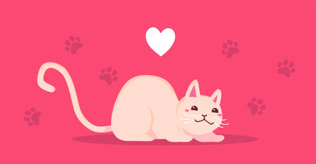 Vector illustration of happy cute cat character on pink color background with paw print and heart. Flat style design of sitting animal cat for web, site, banner, poster, child cardのイラスト素材