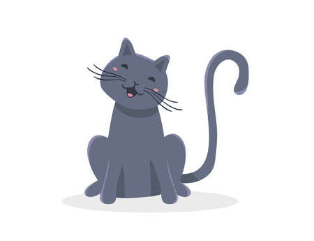 Vector illustration of happy cute gray cat character on white color background with shadow. Flat style design of sitting animal cat for web, site, banner, poster, child cardのイラスト素材
