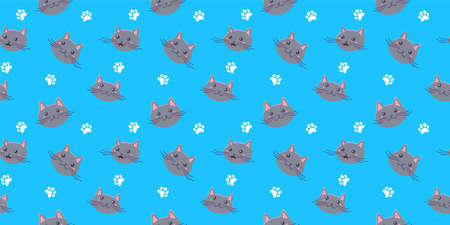 Vector horizontal illustration with head of happy cute cat character on blue color background with paw print. Flat style seamless pattern design of animal cat for web, site, banner, poster, printのイラスト素材