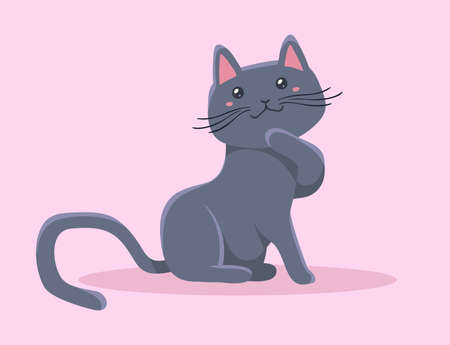 Vector illustration of happy cute gray cat character on pink color background with shadow. Flat style design of sitting animal cat for web, site, banner, poster, child cardのイラスト素材