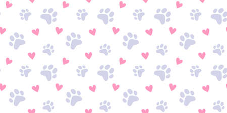 Vector illustration of animal paw print with heart on white color background. Flat style design of seamless pattern with cat paw for web, site, banner, poster, cardのイラスト素材
