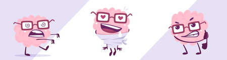 Vector set of creative illustration of happy and angry brain character in glasses. Flat doodle style knowledge concept design of emotional pink brain in different pose on color backgroundのイラスト素材