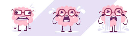 Vector set of creative illustration of unhappy and cry brain character in glasses. Flat doodle style knowledge concept design of emotional pink brain in different pose on color backgroundのイラスト素材