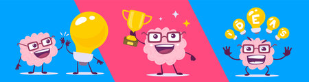 Vector set of creative illustration of happy brain character in different pose. Flat doodle style knowledge concept design of emotional pink brain in glasses with golden cup and light bulb on color backgroundのイラスト素材