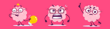 Vector set of creative illustration of happy and angry brain character in different pose. Flat doodle style knowledge concept design of emotional brain in glasses with light bulb on pink color backgroundのイラスト素材