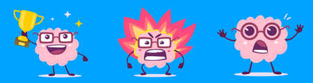 Vector set of creative illustration of happy and angry brain character in different pose. Flat doodle style knowledge concept design of emotional pink brain in glasses with golden cup and flame on blue color backgroundのイラスト素材