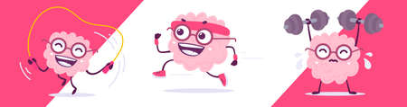 Vector set of creative illustration of sport happy brain character in different pose. Flat doodle style knowledge concept design of emotional pink brain in glasses with skipping rope and dumbbell on color backgroundのイラスト素材