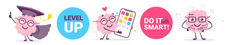 Vector set of creative illustration of happy brain character in different pose. Flat doodle style knowledge concept design of emotional pink brain in glasses with phone and graduation cap on white color background with word labelのイラスト素材